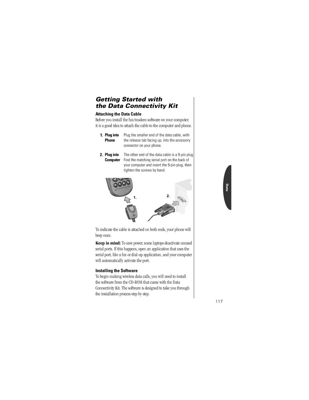 Motorola V8162 Getting Started with Data Connectivity Kit, Attaching the Data Cable, Installing the Software, 117 