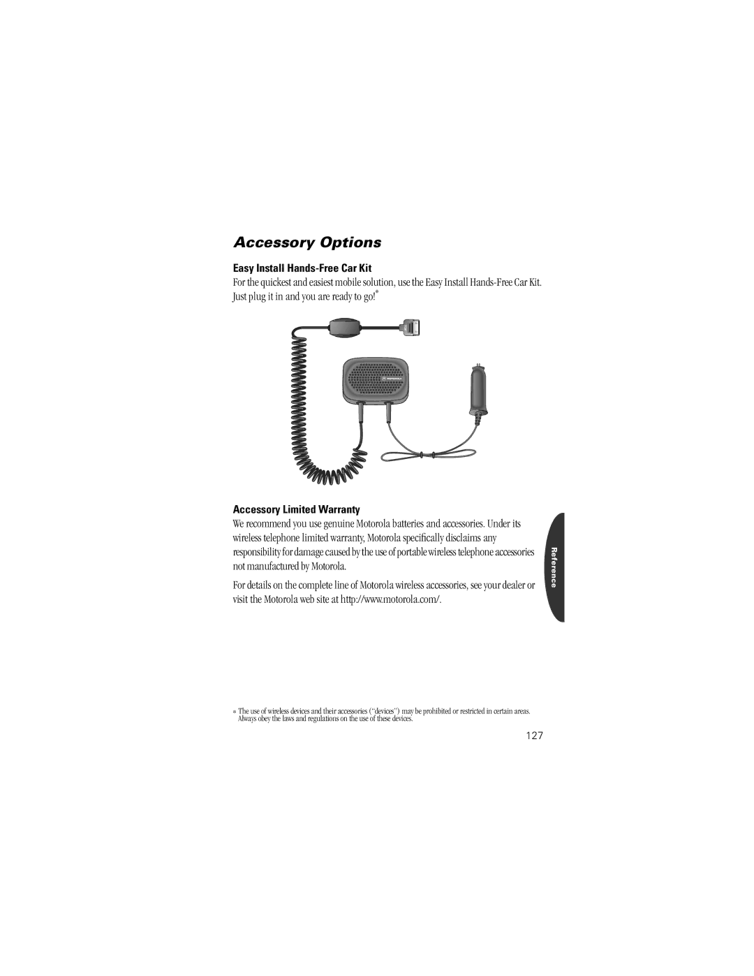 Motorola V8162 specifications Easy Install Hands-Free Car Kit, Accessory Limited Warranty, 127 