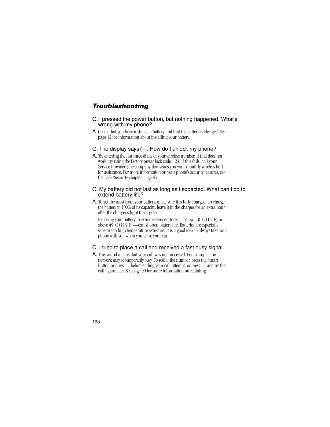 Motorola V8162 specifications Troubleshooting, 128 