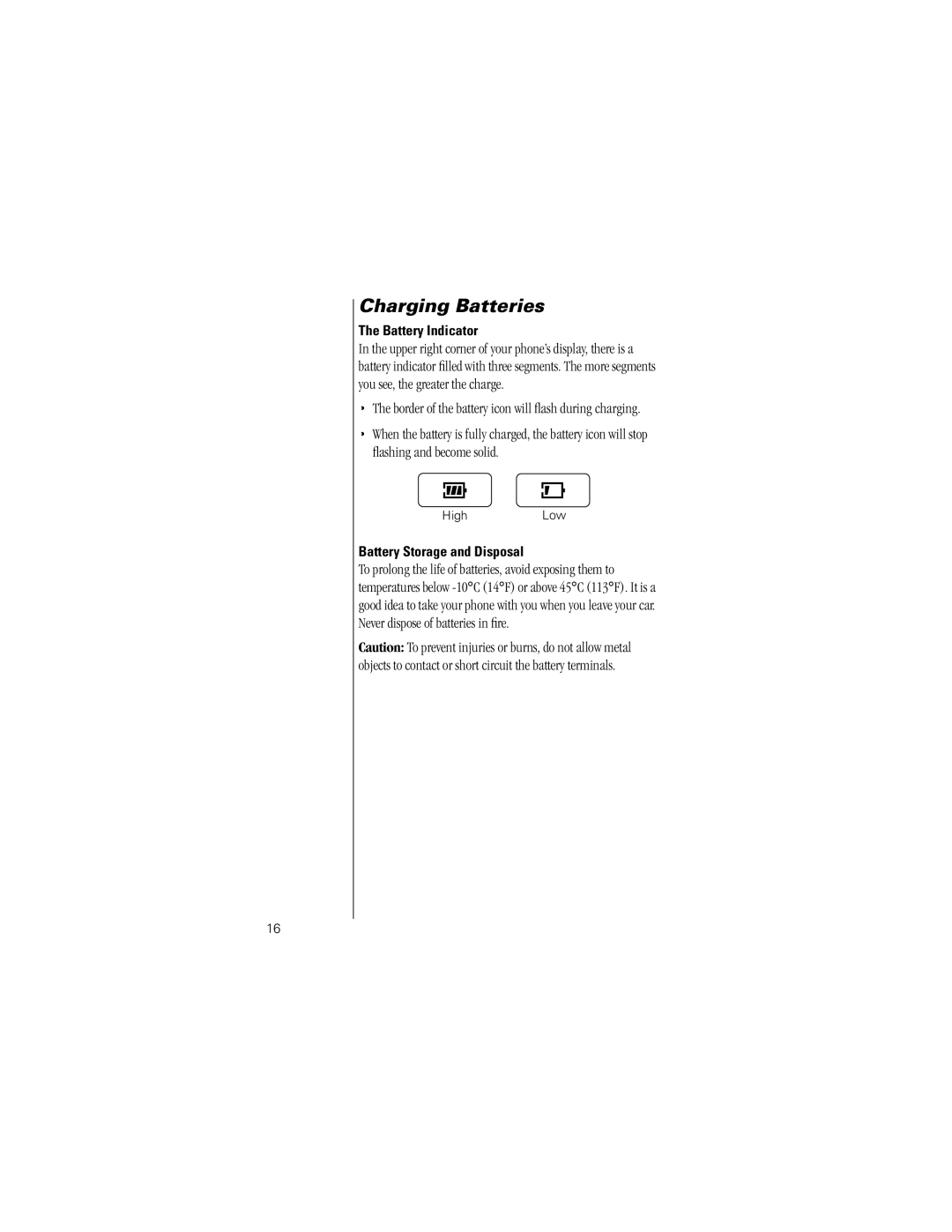 Motorola V8162 specifications Battery Indicator, Battery Storage and Disposal, HighLow 