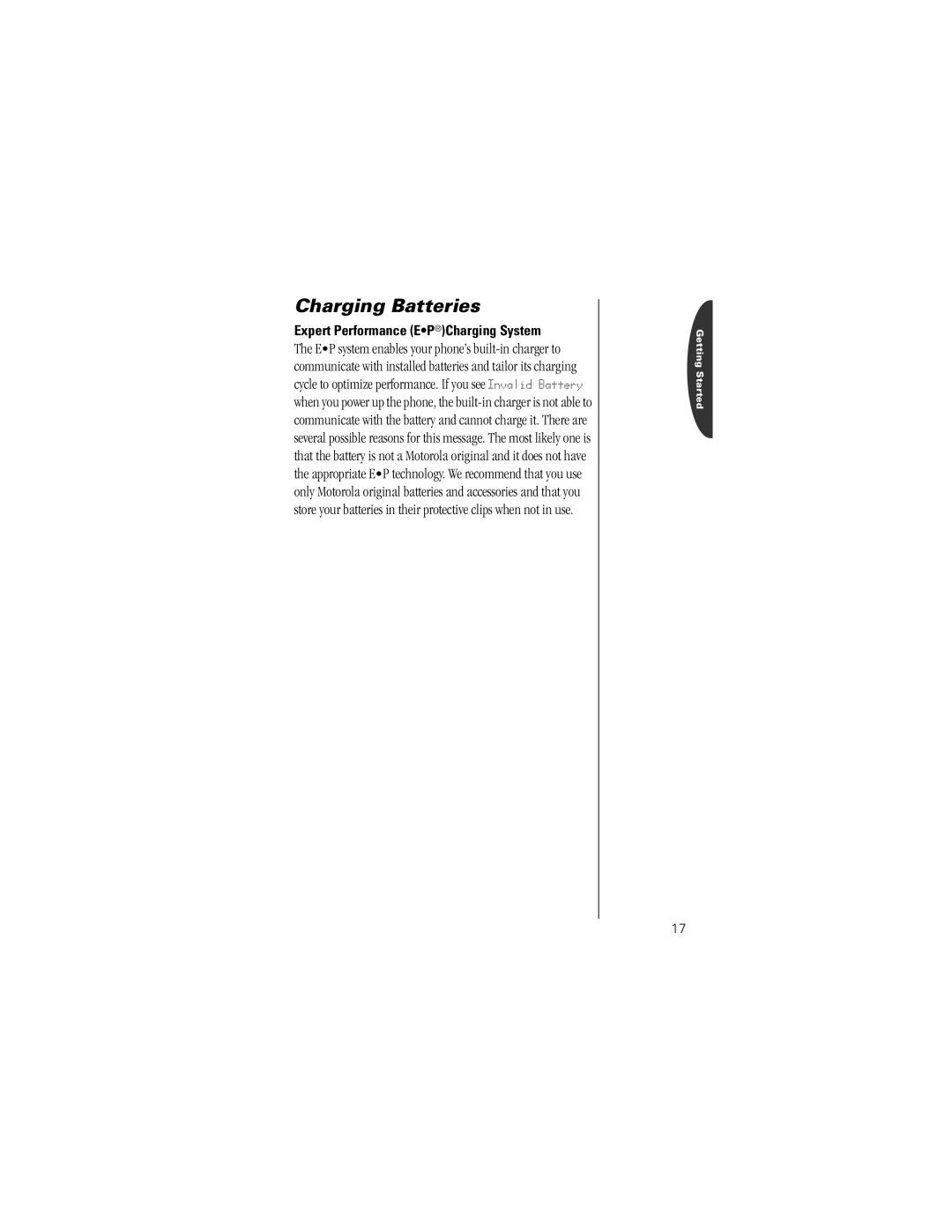 Motorola V8162 specifications Expert Performance EPCharging System 