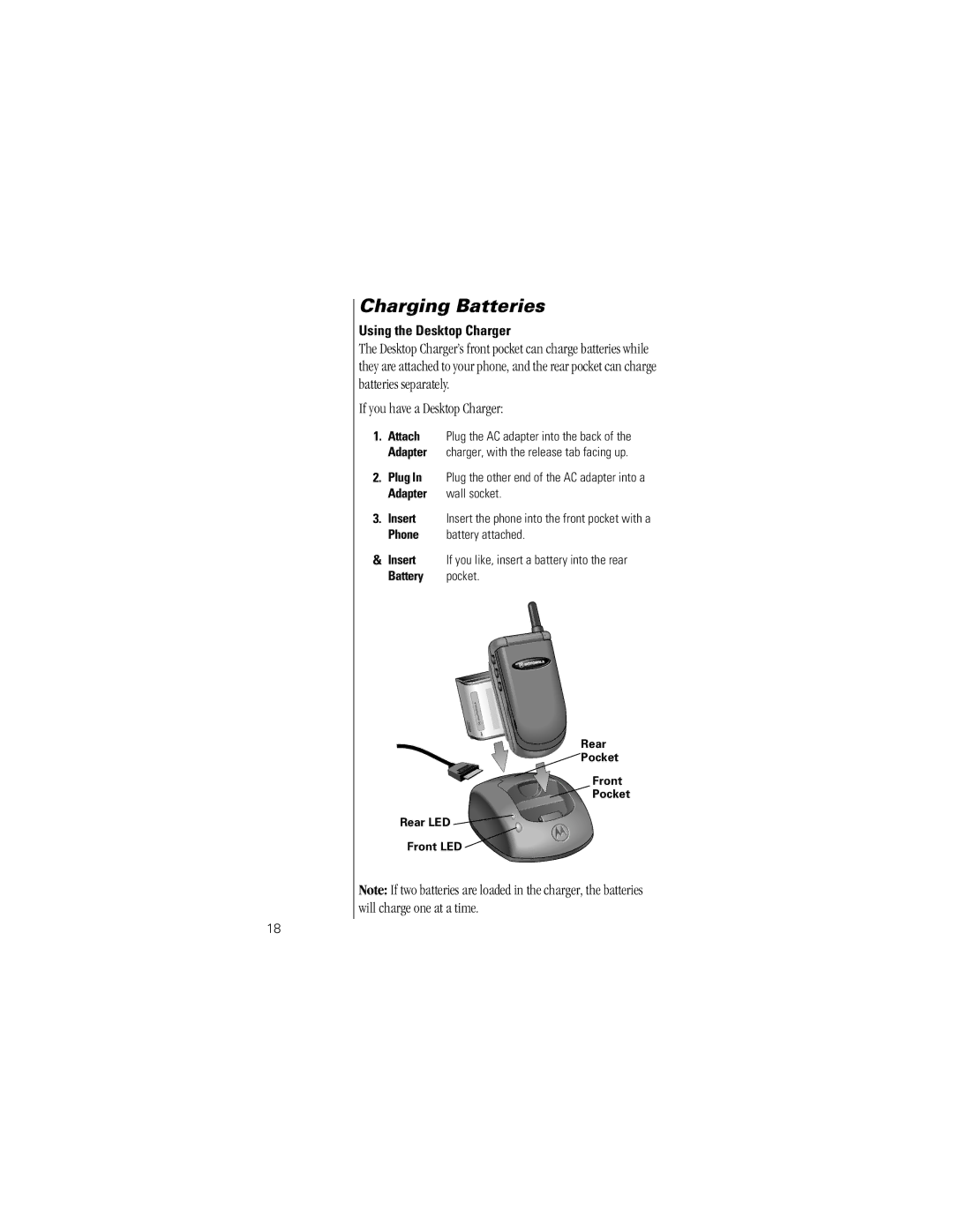 Motorola V8162 Using the Desktop Charger, Plug In Plug the other end of the AC adapter into a, Adapter, Battery pocket 