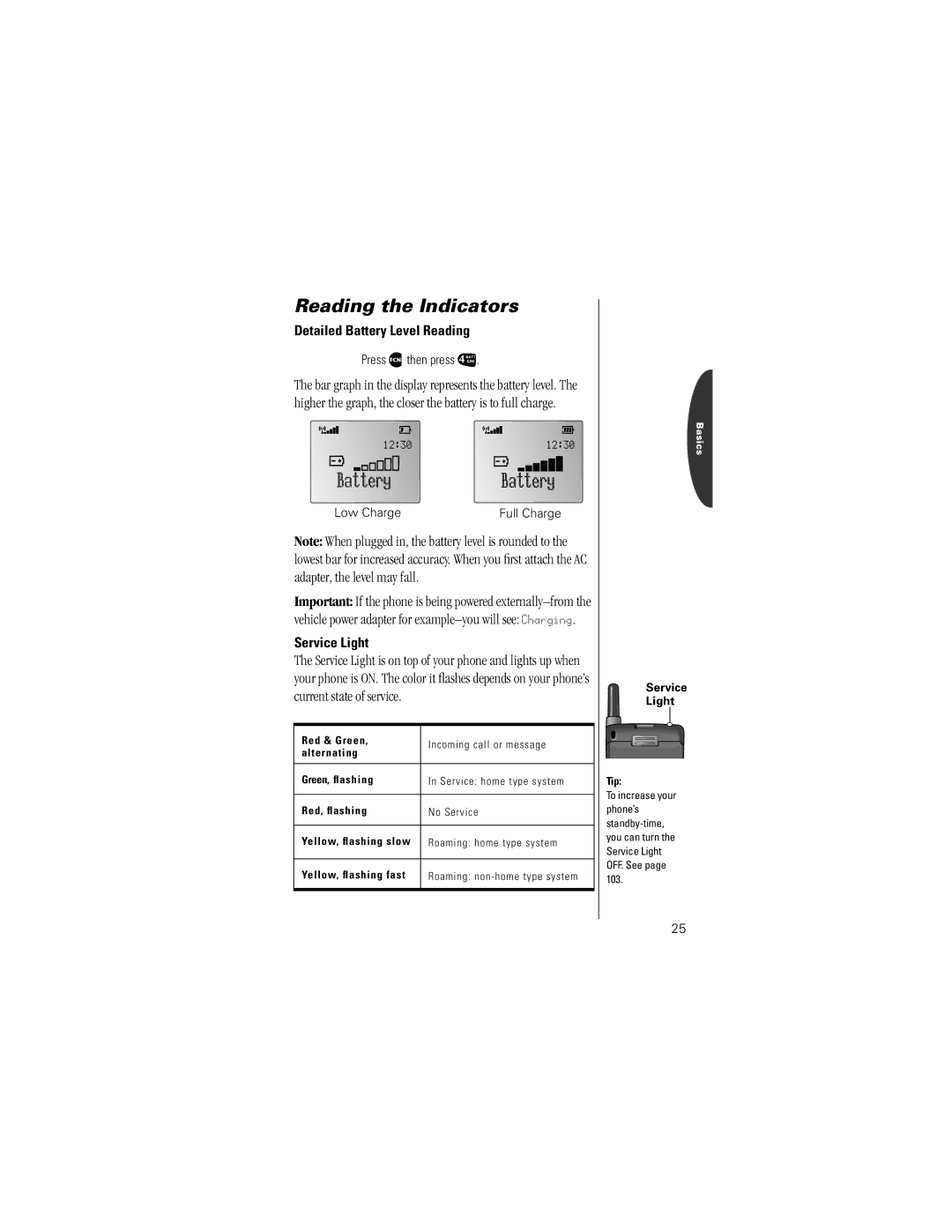 Motorola V8162 Reading the Indicators, Detailed Battery Level Reading, Service Light, Press ƒ then press ›, Low Charge 