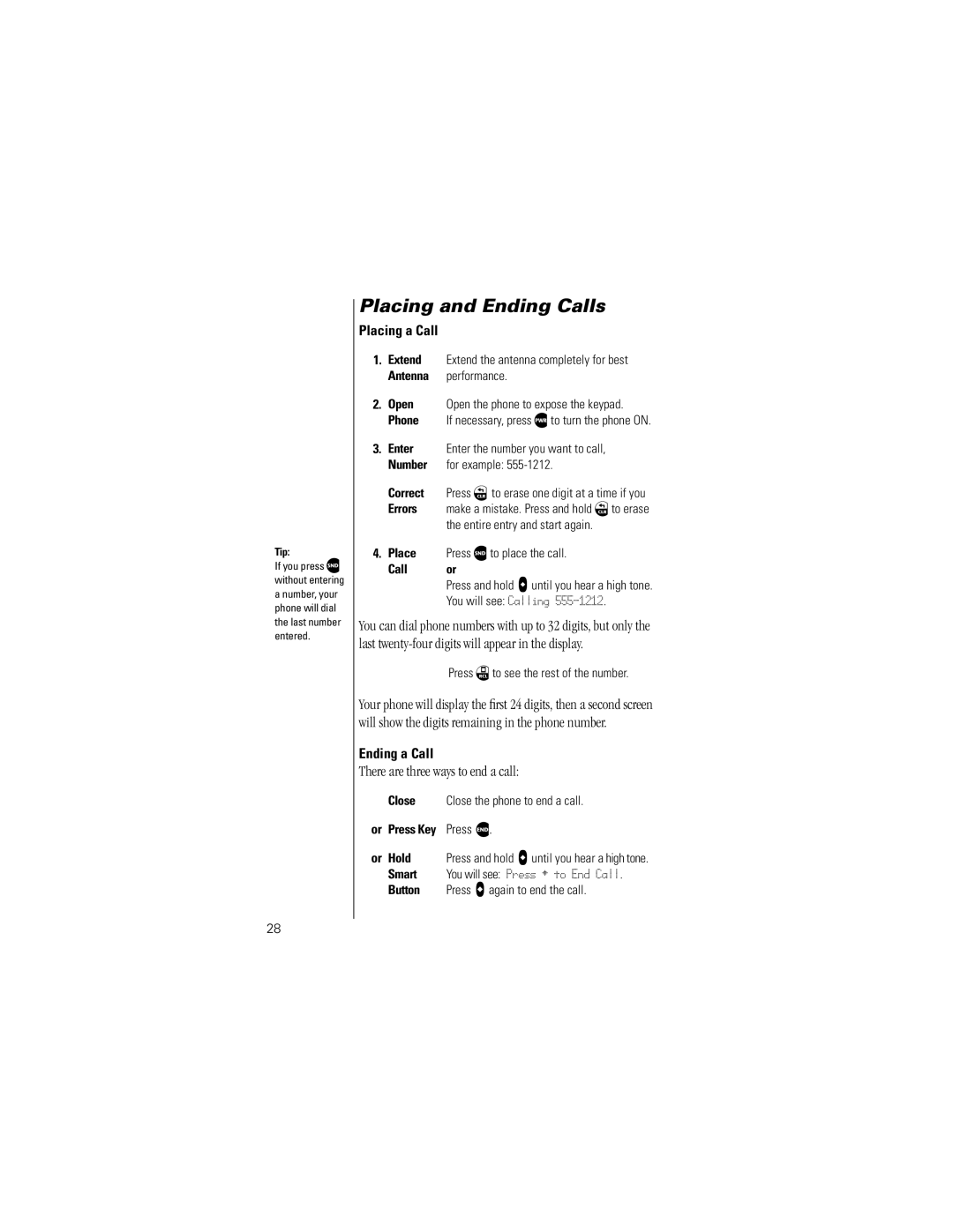 Motorola V8162 specifications Placing and Ending Calls, There are three ways to end a call, Placing a Call, Ending a Call 