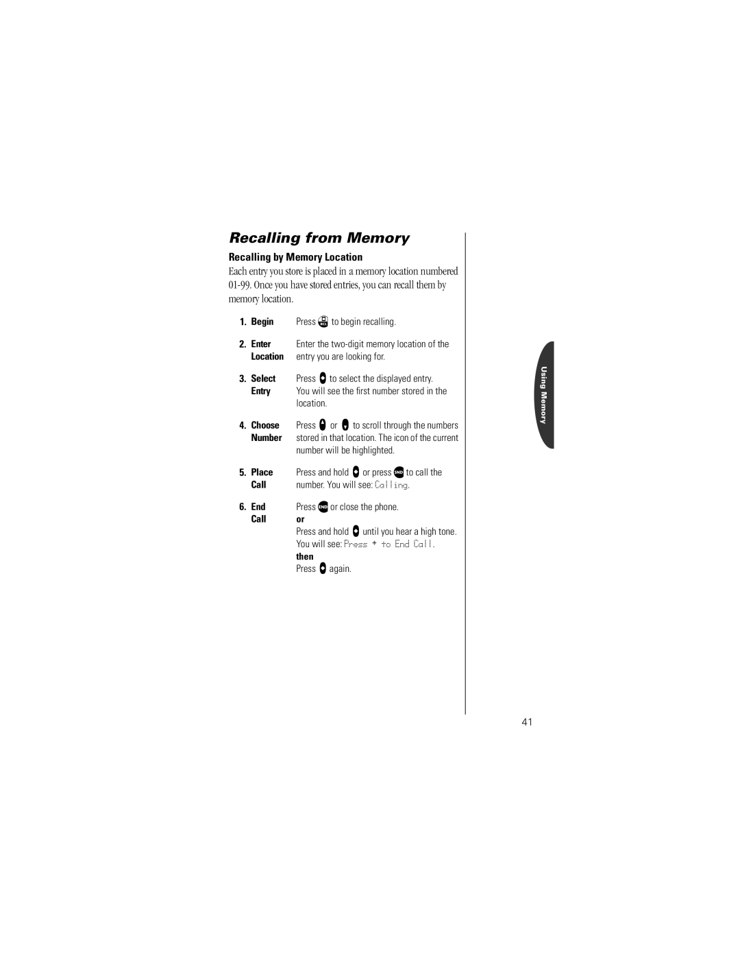 Motorola V8162 specifications Recalling by Memory Location 