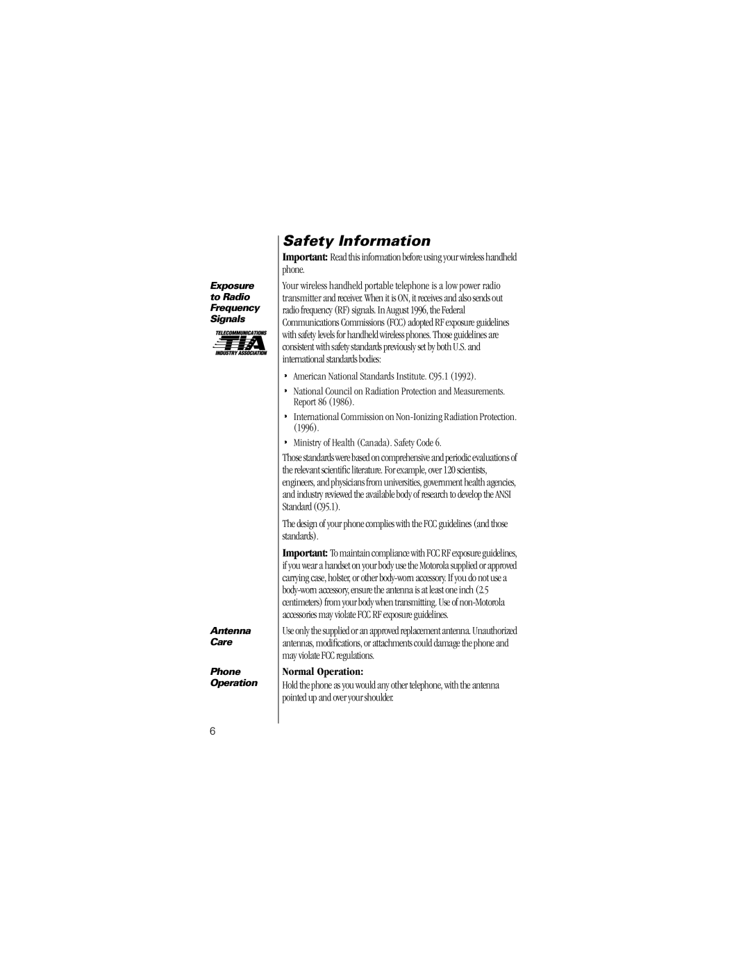 Motorola V8162 specifications Safety Information, Normal Operation 