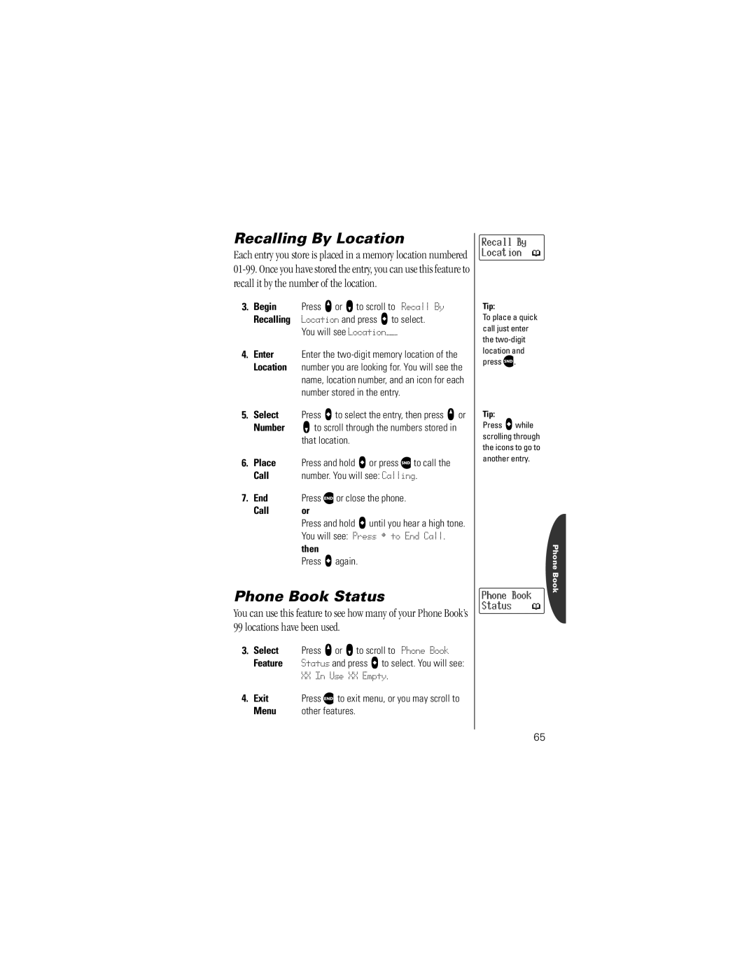 Motorola V8162 specifications Recalling By Location, Phone Book Status 