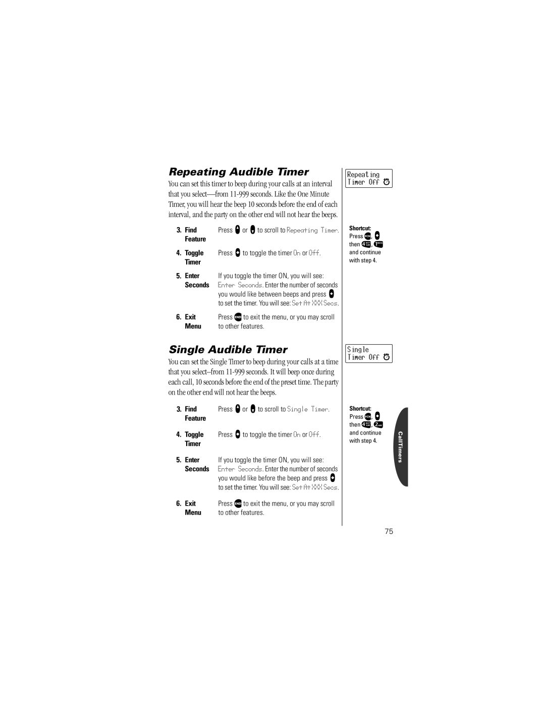 Motorola V8162 specifications Repeating Audible Timer, Single Audible Timer, Enter If you toggle the timer ON, you will see 