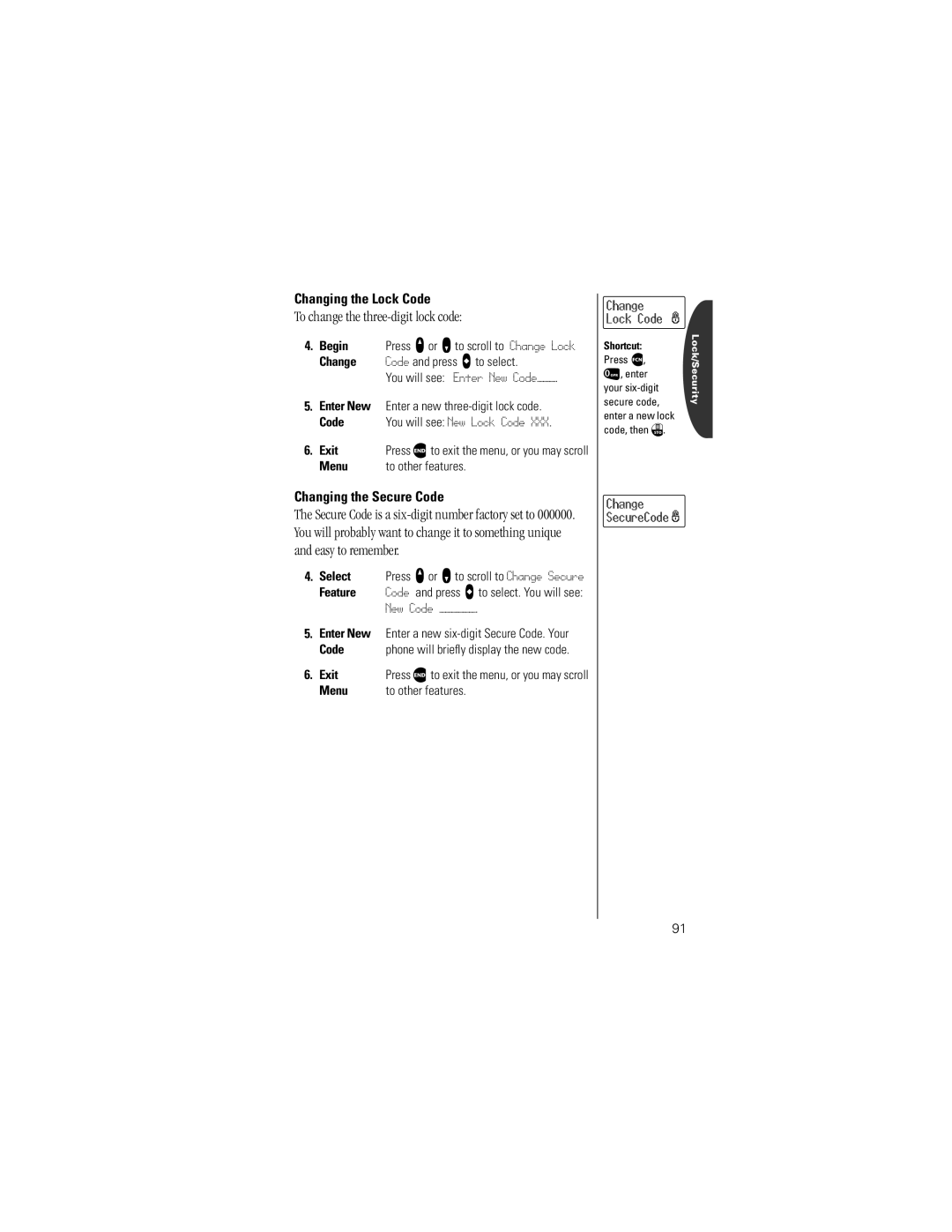 Motorola V8162 specifications To change the three-digit lock code, Changing the Lock Code, Changing the Secure Code 