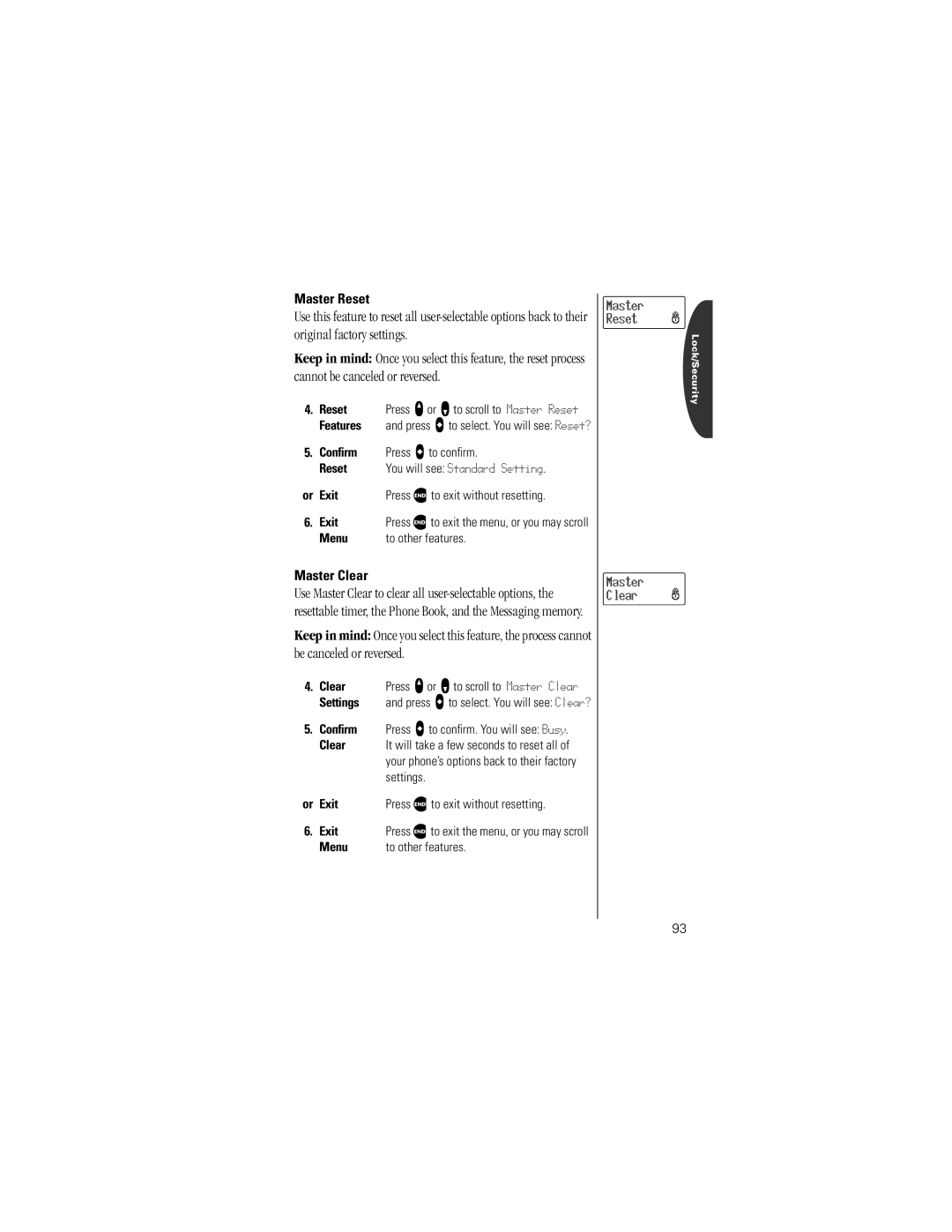 Motorola V8162 specifications Master Reset, Master Clear 