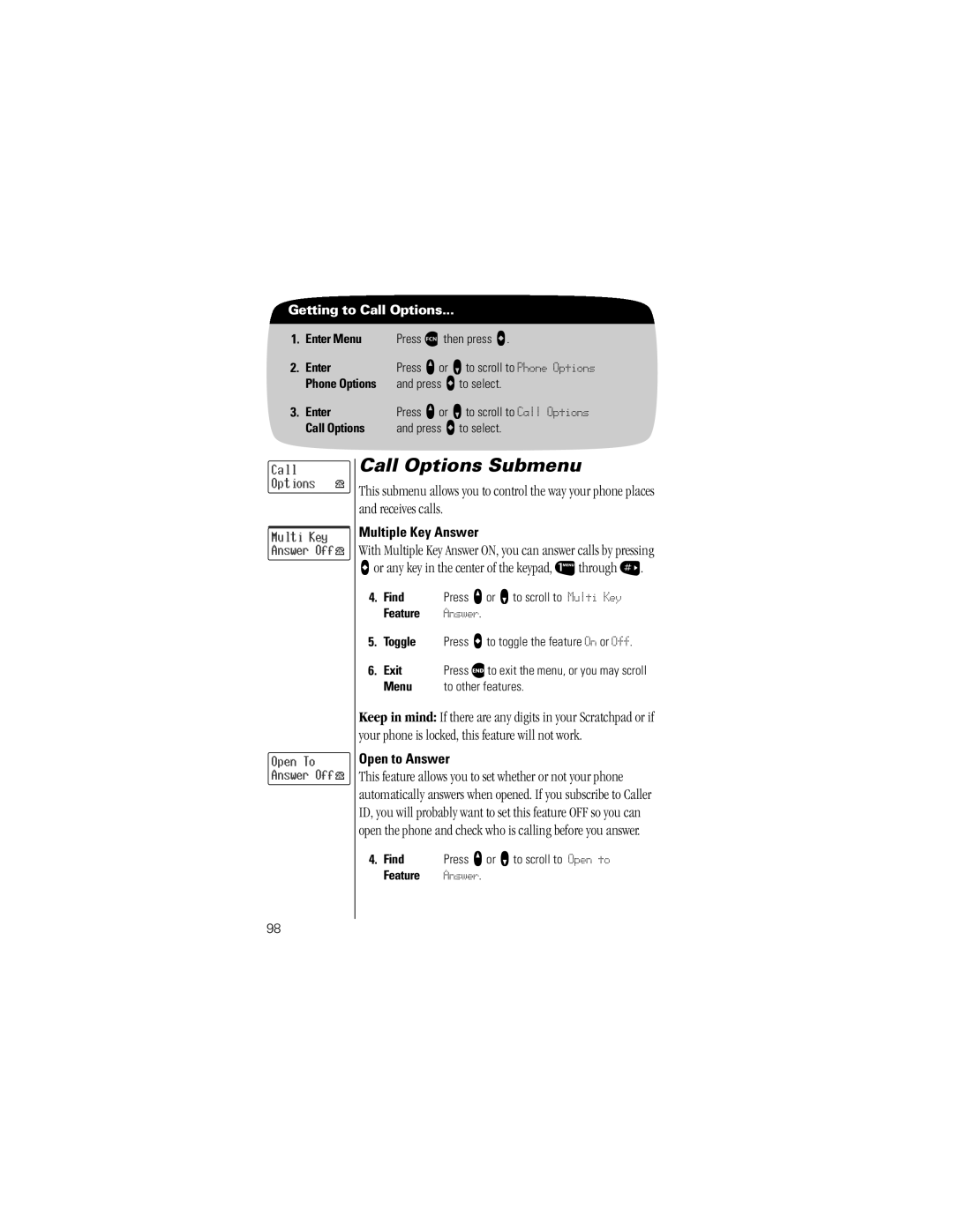 Motorola V8162 specifications Call Options Submenu, Or any key in the center of the keypad, ⁄through », Multiple Key Answer 