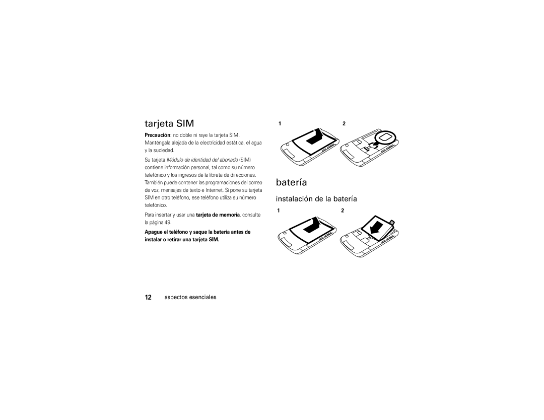 Motorola V9 manual Tarjeta SIM, Batería, Instalación de la batería 