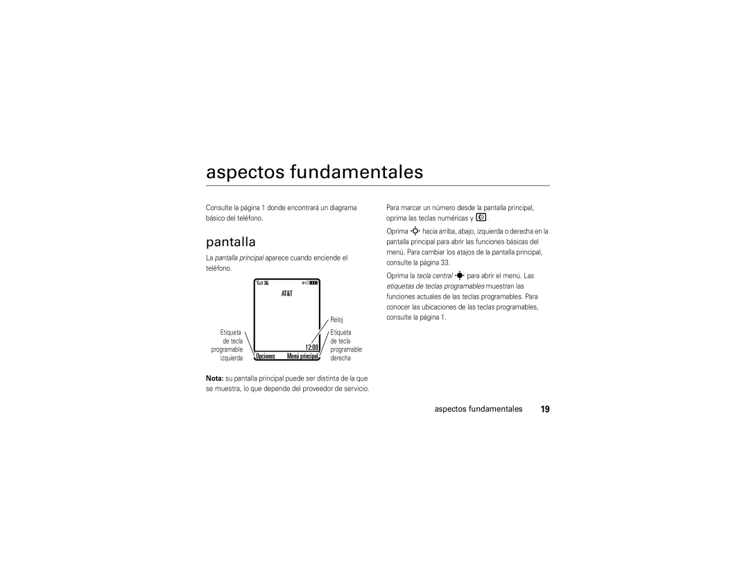 Motorola V9 manual Aspectos fundamentales, Pantalla, Opciones, Consulte la página 