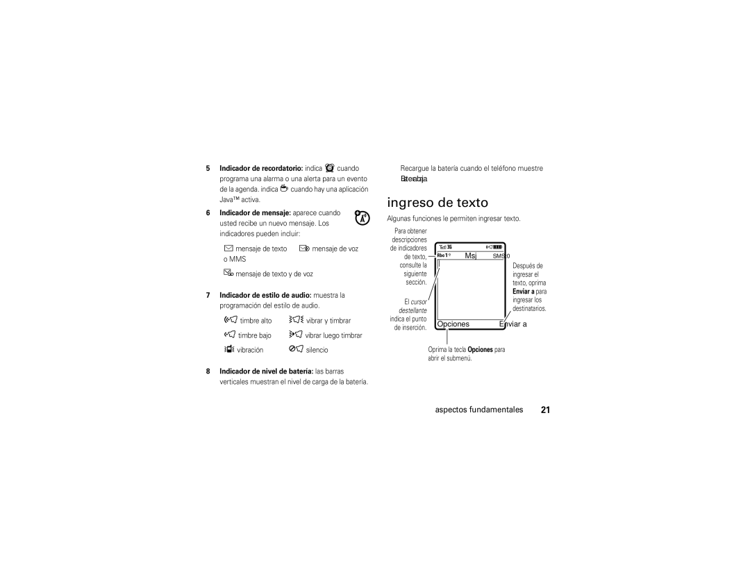 Motorola V9 manual Ingreso de texto, Batería baja, Msj, Enviar a, Indicador de recordatorio indica 6cuando 