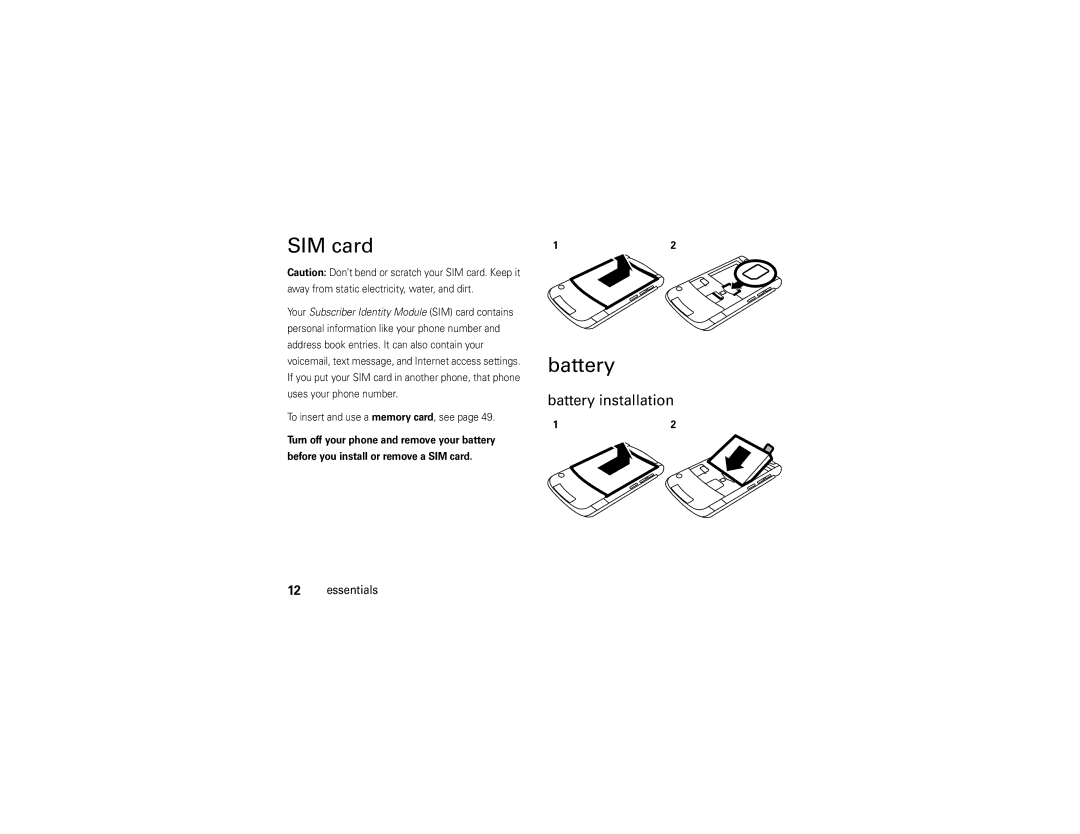 Motorola V9 manual SIM card, Battery installation, To insert and use a memory card, see 