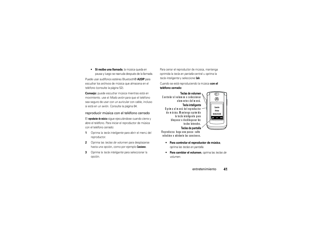 Motorola V9 manual Reproducir música con el teléfono cerrado, Teléfono cerrado 