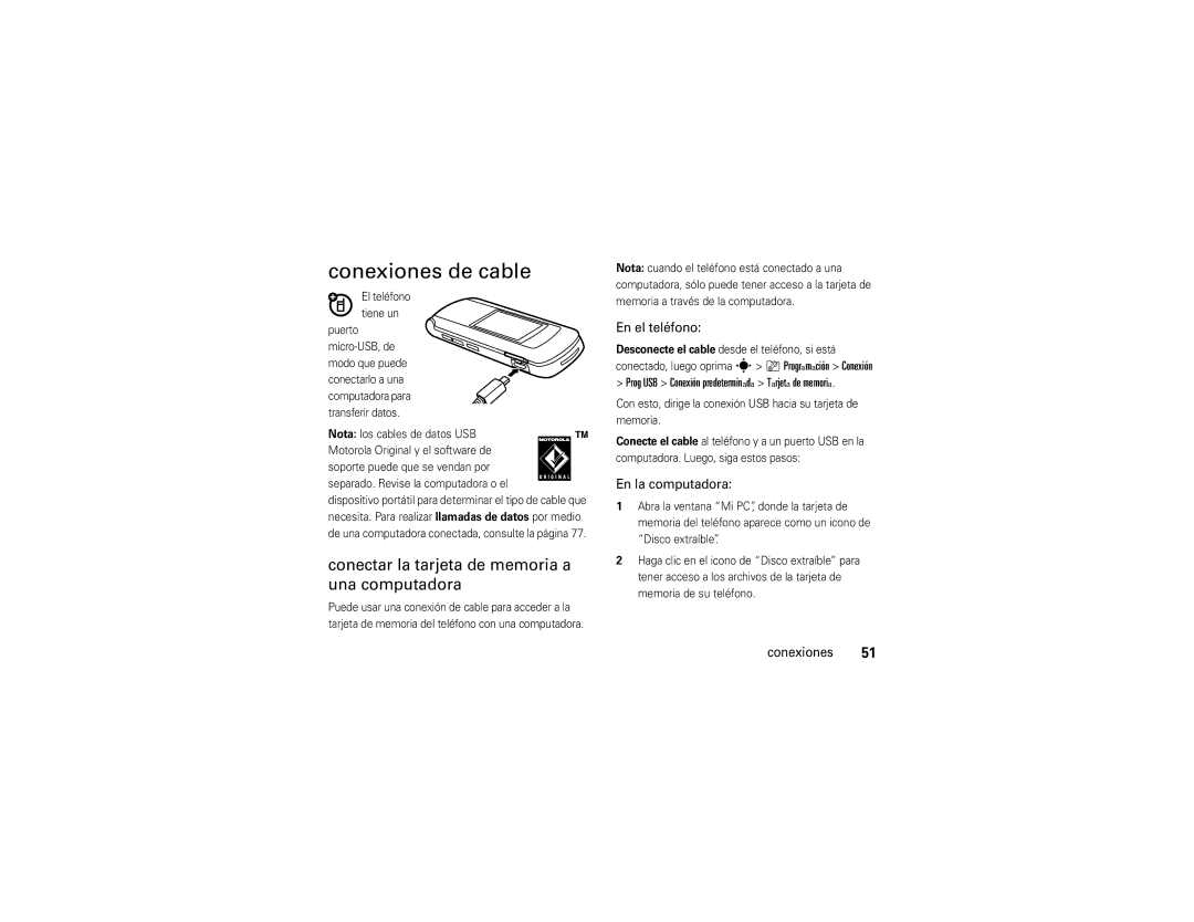 Motorola V9 manual Conexiones de cable, Conectar la tarjeta de memoria a una computadora, En el teléfono, En la computadora 