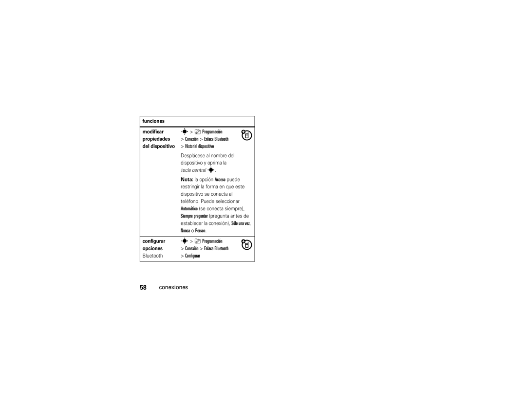 Motorola V9 manual Programación, Historial dispositivo, Nunca o Person, Configurar 
