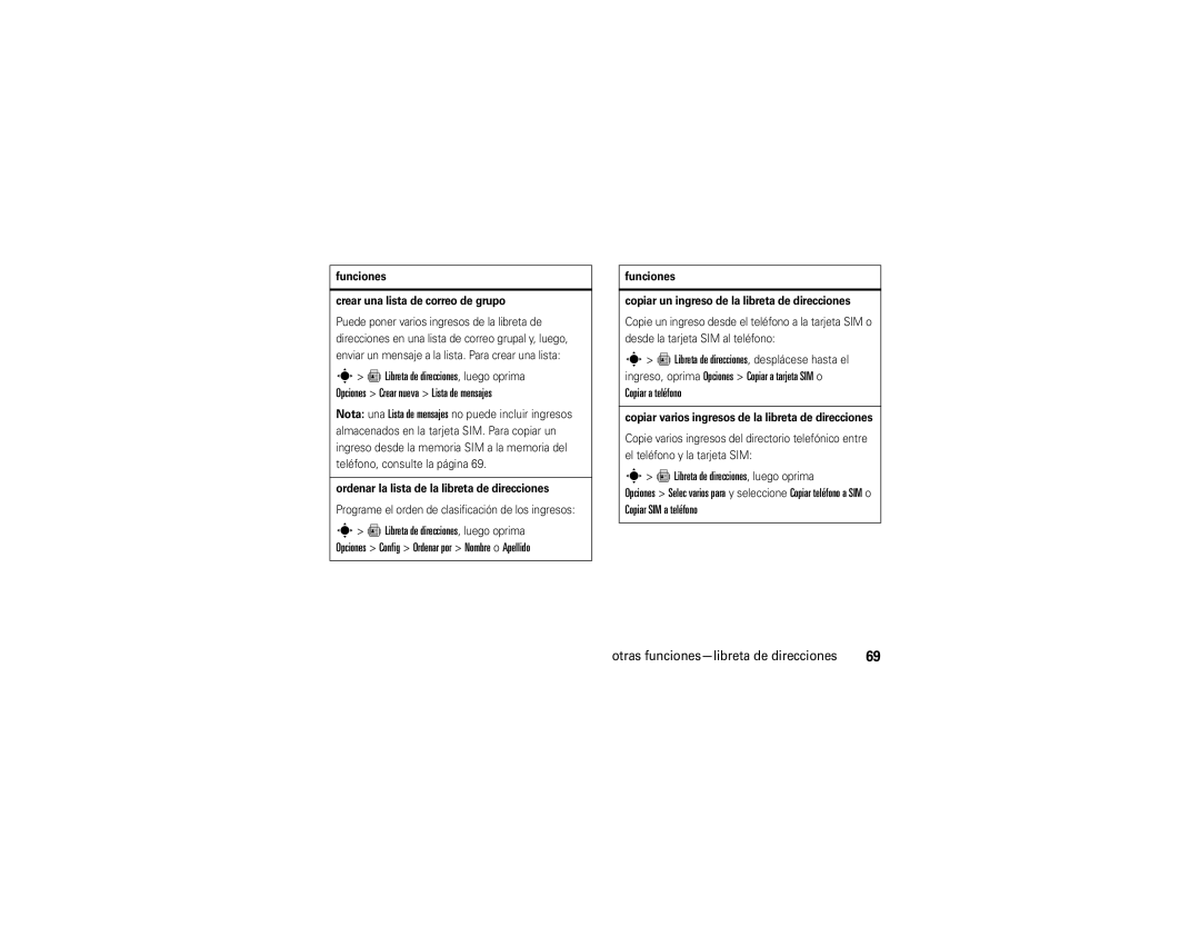 Motorola V9 manual Funciones Crear una lista de correo de grupo, Ordenar la lista de la libreta de direcciones 