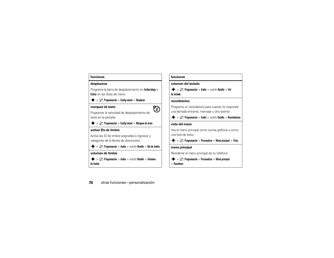 Motorola V9 manual Programación Config inicial Desplazar, Programación Audio estilo Detalle Volumen de timbre 