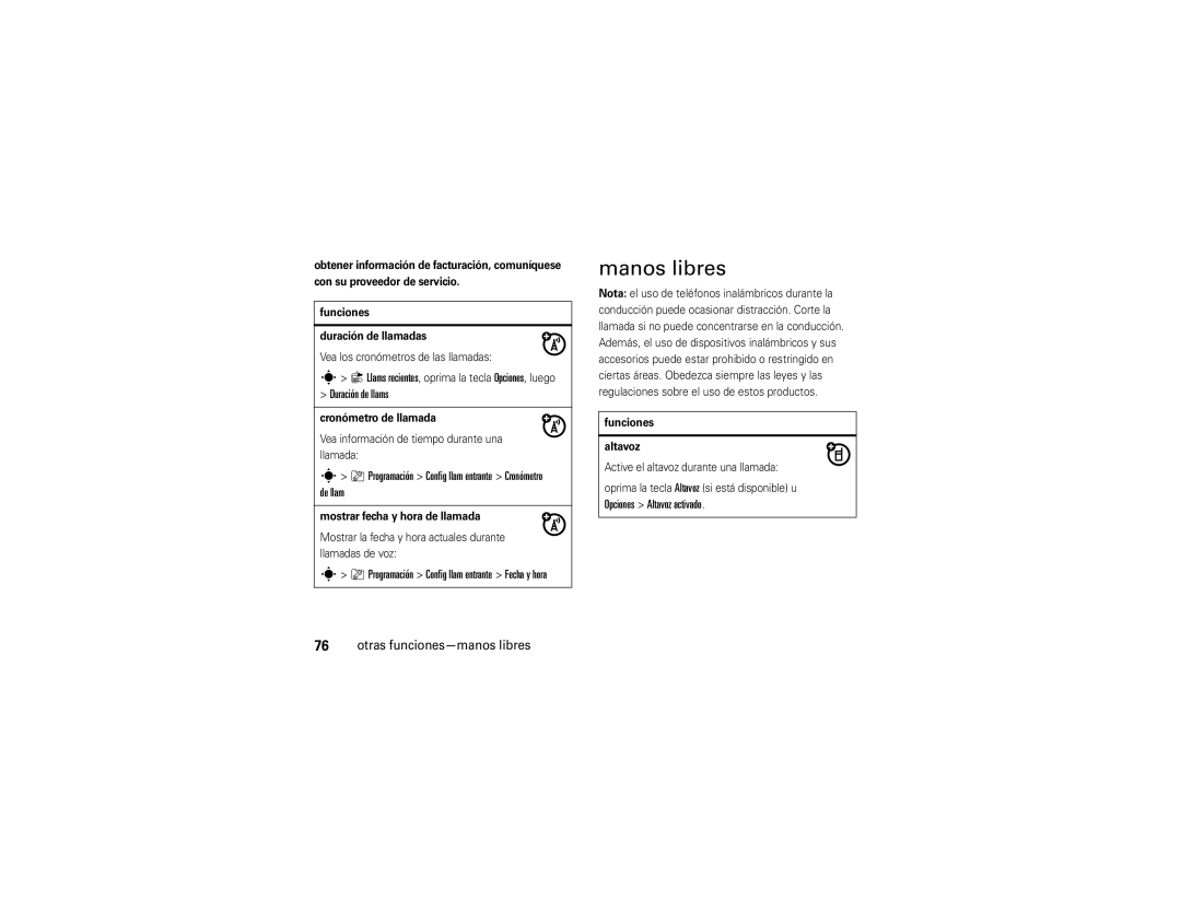 Motorola V9 manual Manos libres, Duración de llams, Programación Config llam entrante Cronómetro de llam 