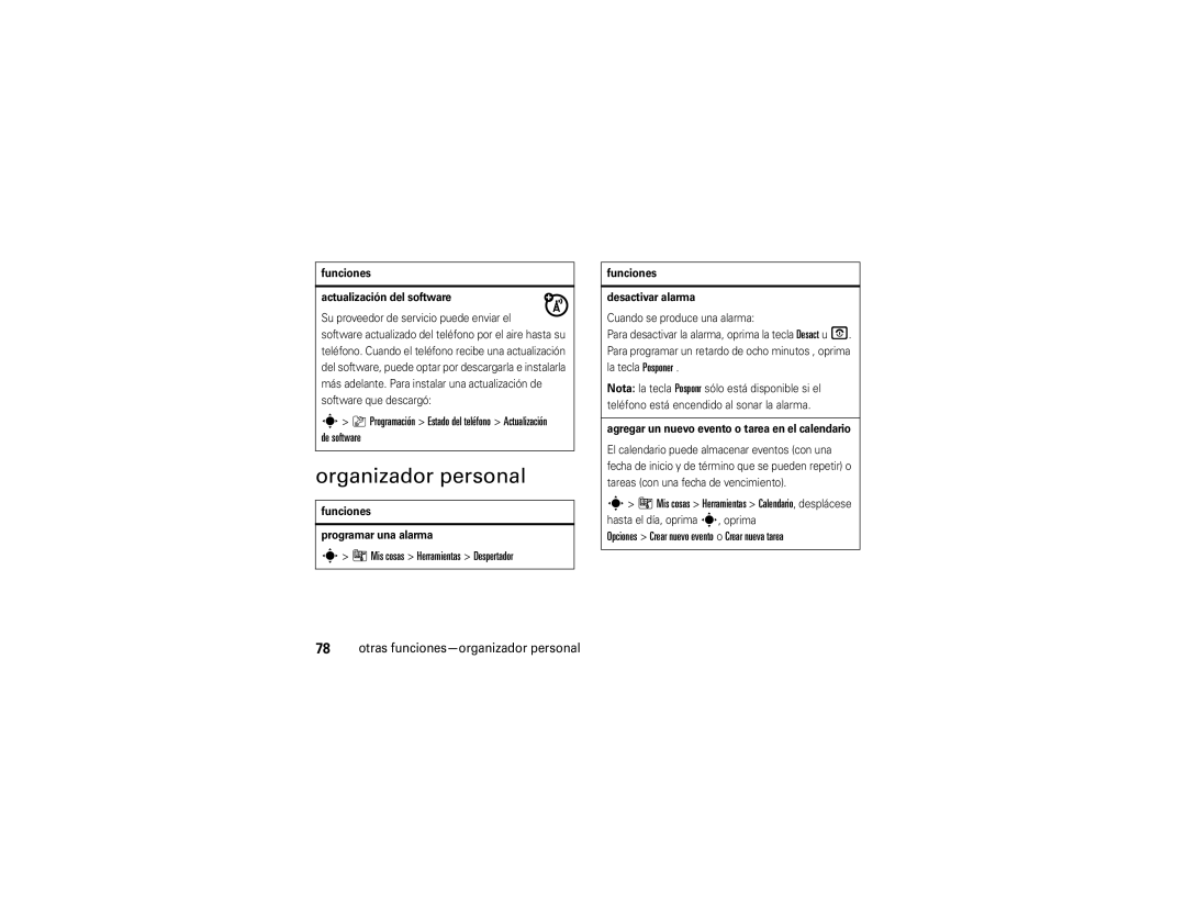 Motorola V9 manual Organizador personal, Programación Estado del teléfono Actualización de software 