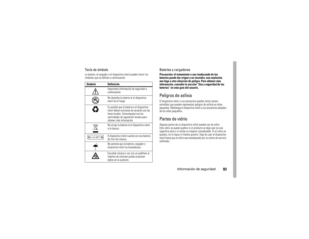 Motorola V9 manual Peligros de asfixia, Partes de vidrio, Símbolo Definición 