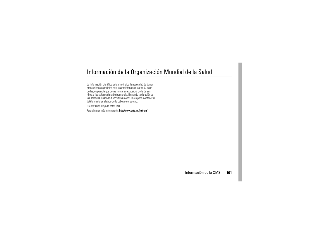 Motorola V9 manual Información de la Organización Mundial de la Salud, Información de la OMS, Fuente OMS Hoja de datos 