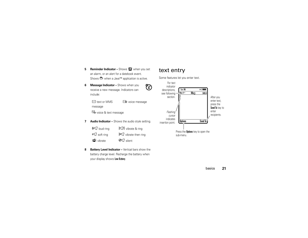 Motorola V9 manual Text entry, Msg, Send To key to, Reminder Indicator Shows 6when you set 