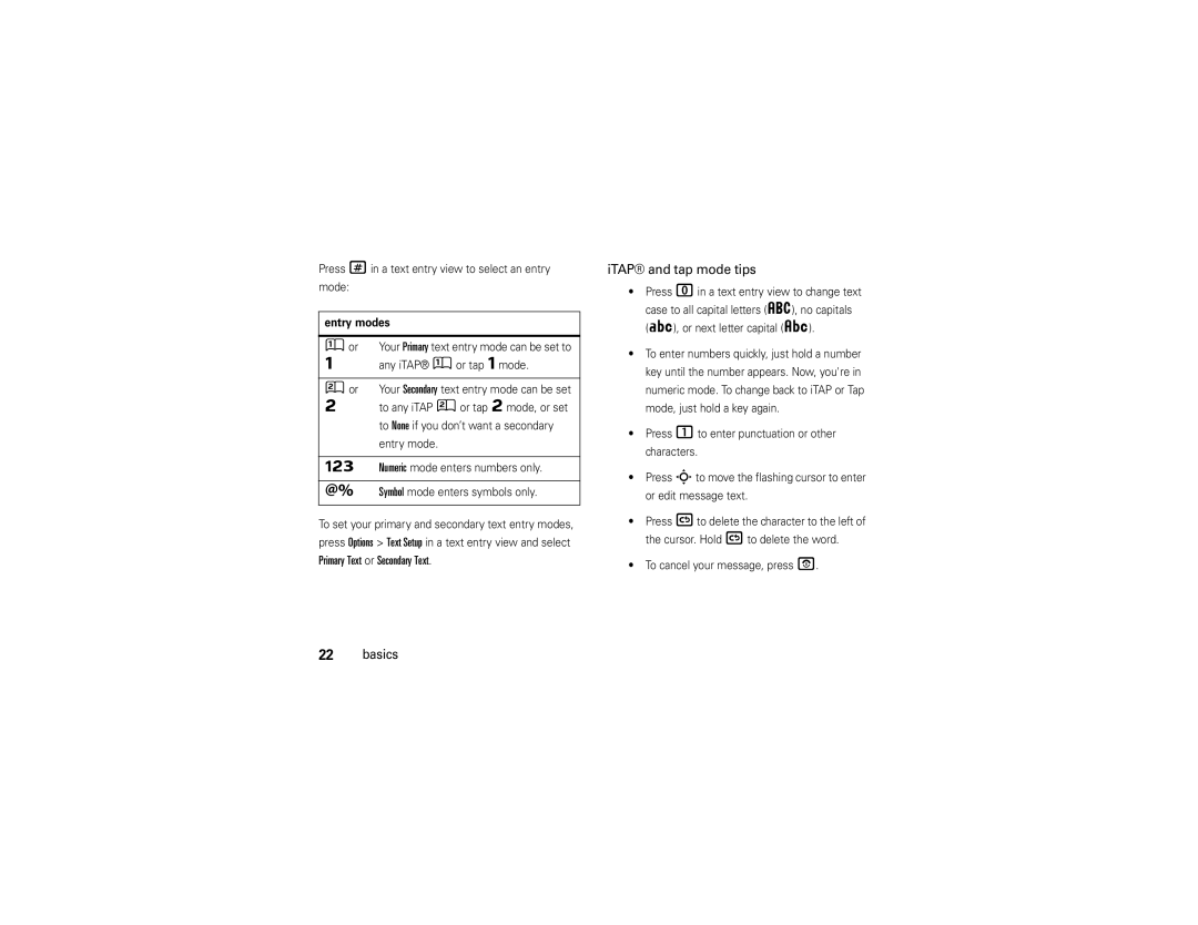 Motorola V9 manual ITAP and tap mode tips, Press #in a text entry view to select an entry Mode, Entry modes 