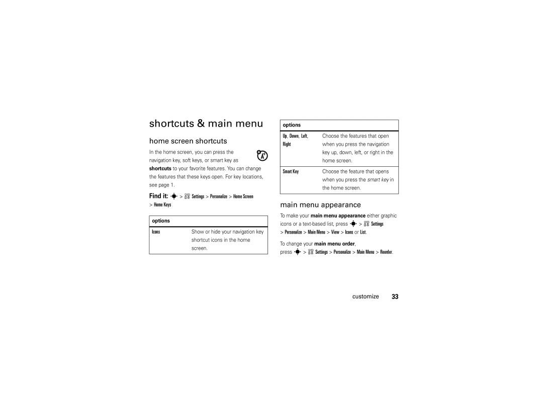 Motorola V9 manual Shortcuts & main menu, Home screen shortcuts, Main menu appearance 