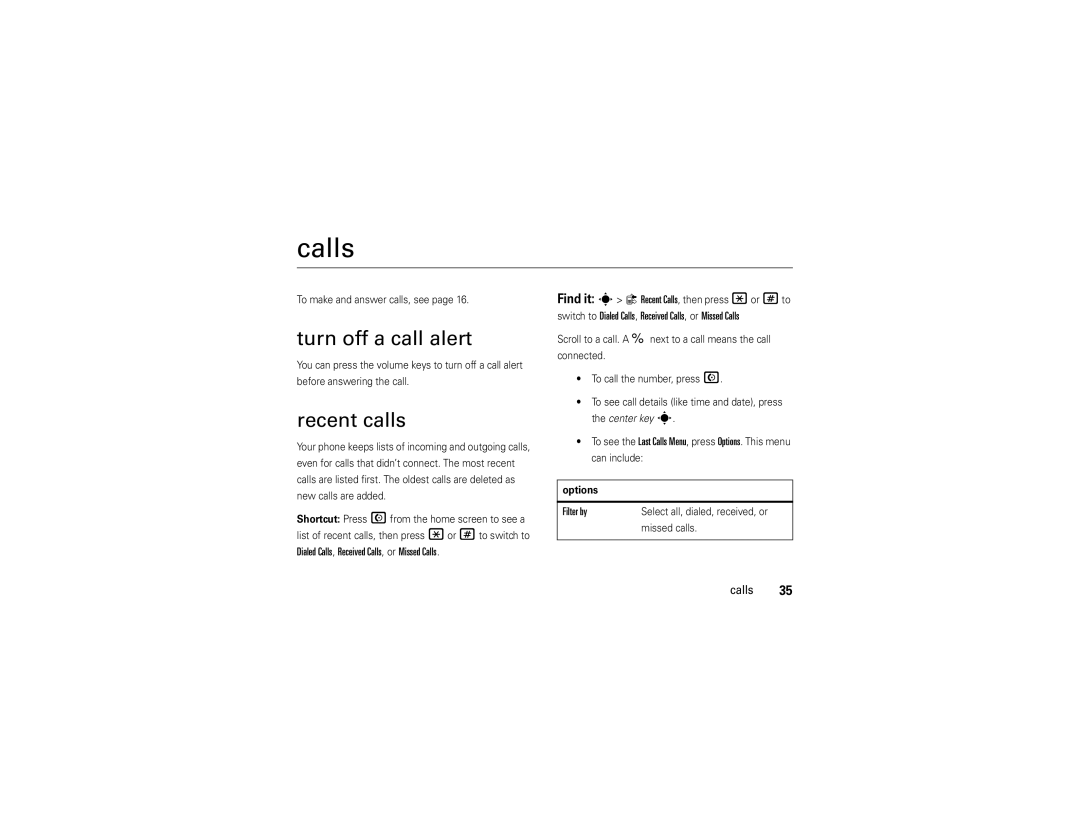 Motorola V9 manual Calls, Turn off a call alert, Recent calls 