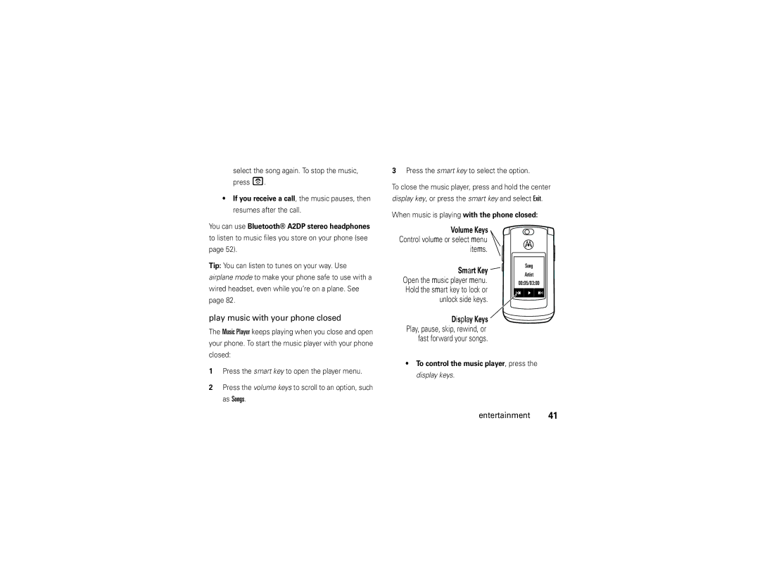 Motorola V9 manual Play music with your phone closed, Select the song again. To stop the music, press O 