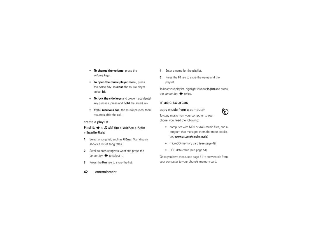 Motorola V9 manual Music sources, Copy music from a computer 