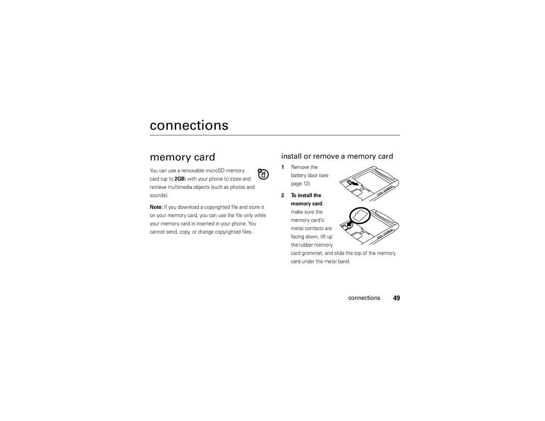 Motorola V9 manual Connections, Memory card, Install or remove a memory card 