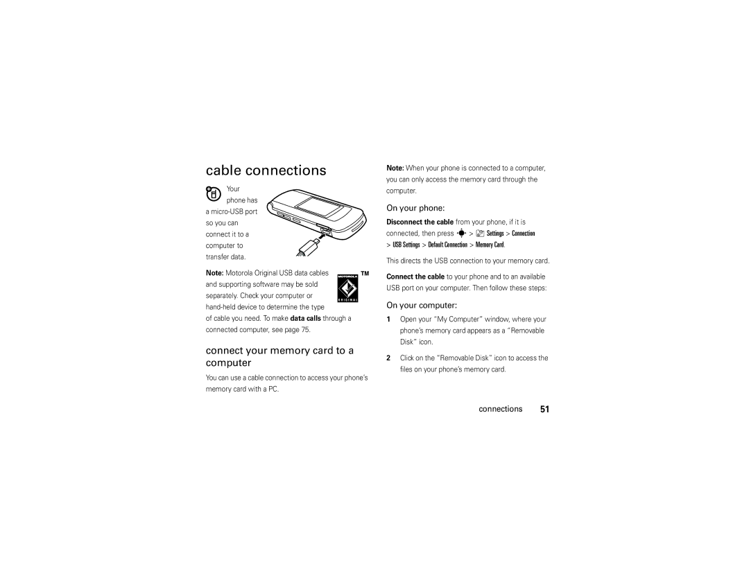 Motorola V9 manual Cable connections, Connect your memory card to a computer, On your phone, On your computer 