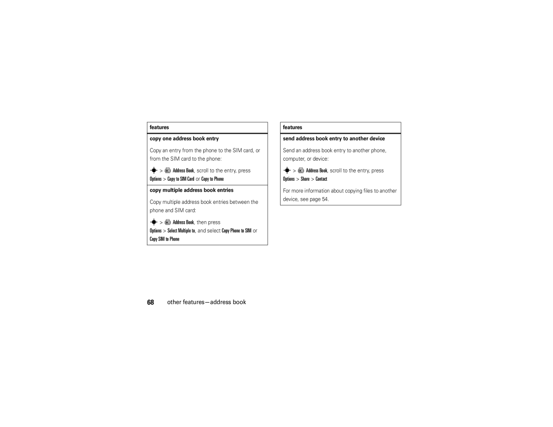 Motorola V9 manual Copy SIM to Phone, Features Copy one address book entry, Copy multiple address book entries 