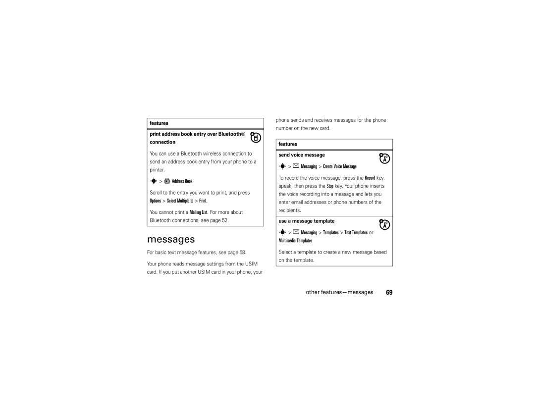 Motorola V9 manual Messages, = Address Book, Messaging Create Voice Message, Other features-messages 