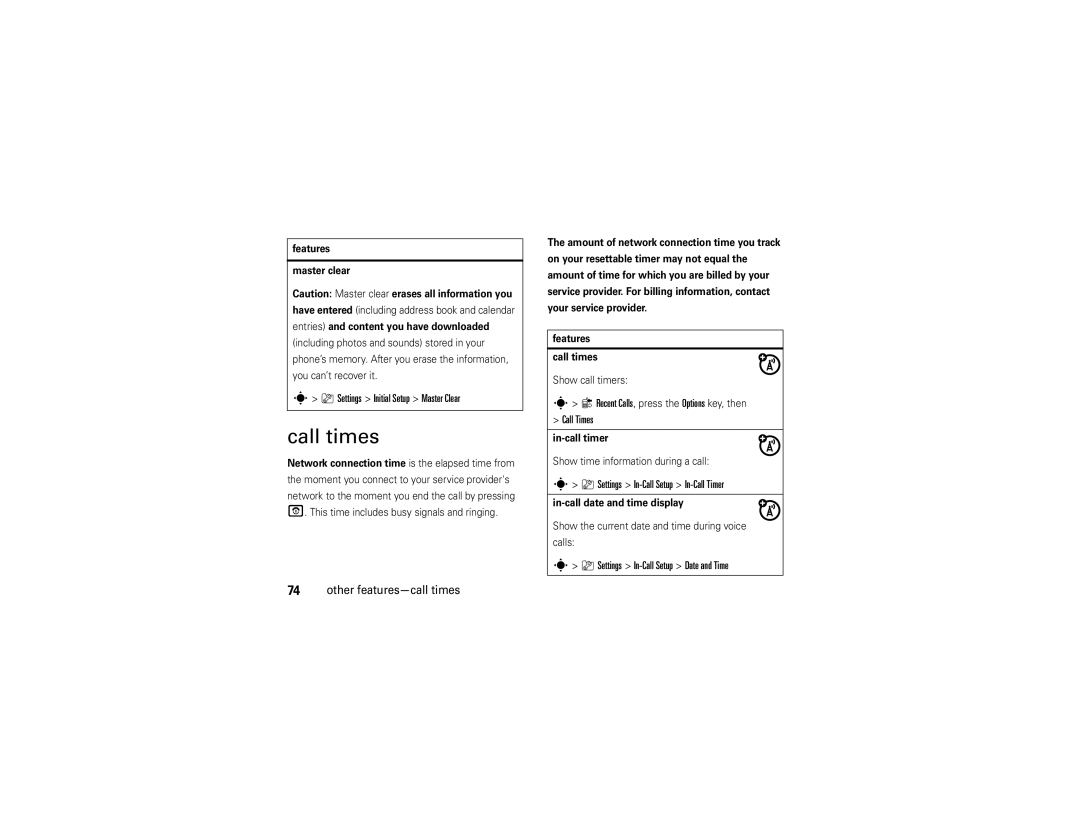 Motorola V9 manual Call times, Settings Initial Setup Master Clear, Other features-call times 