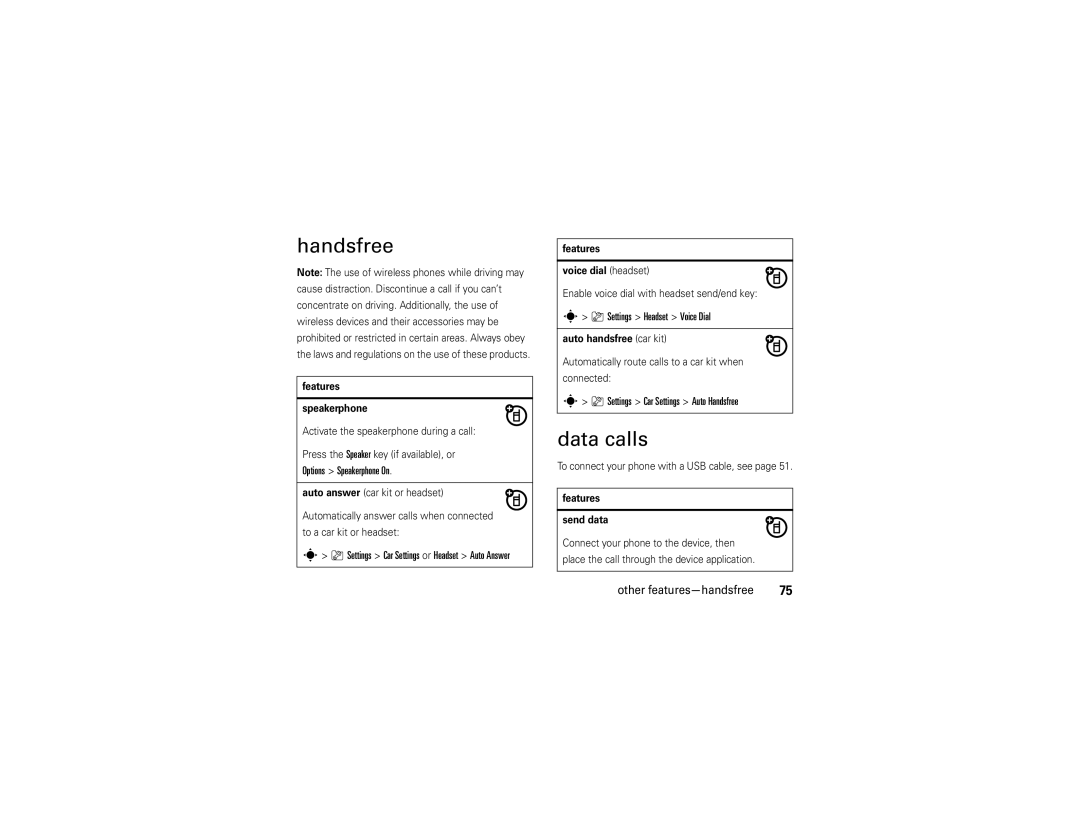 Motorola V9 manual Handsfree, Data calls 