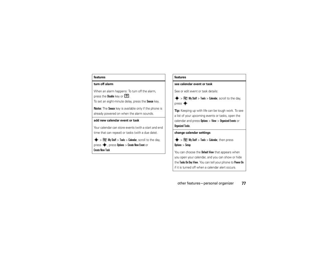 Motorola V9 manual Create New Task, Organized Tasks, My Stuff Tools Calendar, then press Options Setup 