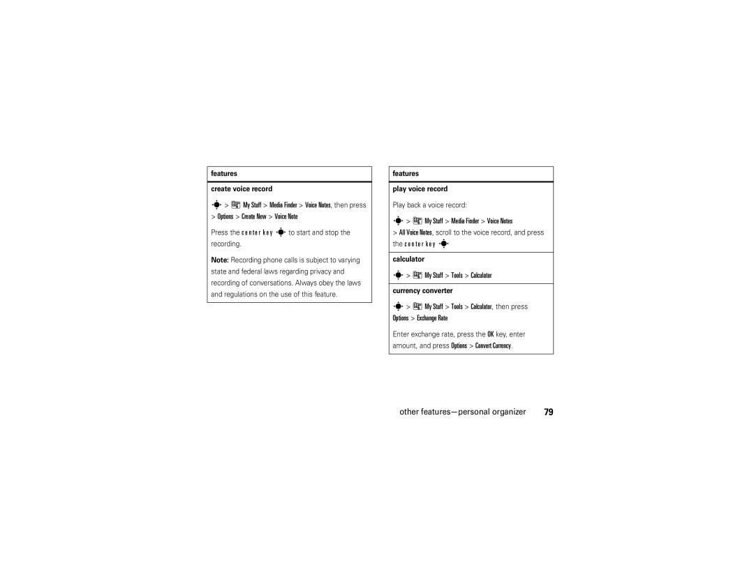 Motorola V9 manual Options Create New Voice Note, My Stuff Media Finder Voice Notes, My Stuff Tools Calculator 