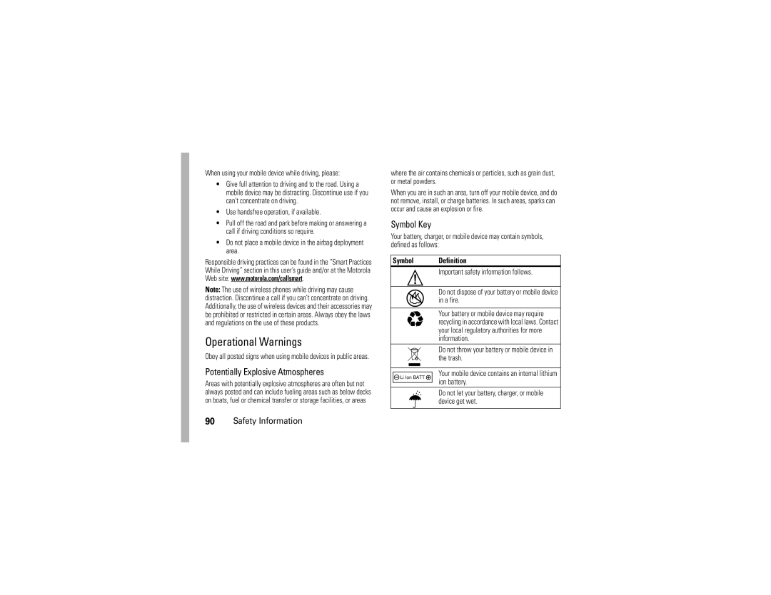 Motorola V9 manual Operational Warnings, Symbol Definition 