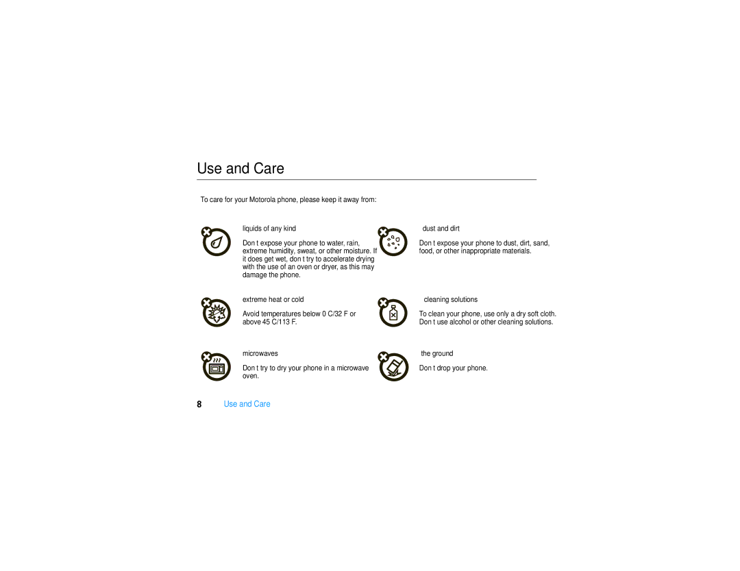 Motorola V9 manual Use and Care 