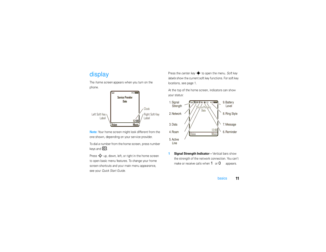 Motorola V9 manual Display, Home screen appears when you turn on Phone, Signal Strength Indicator Vertical bars show 