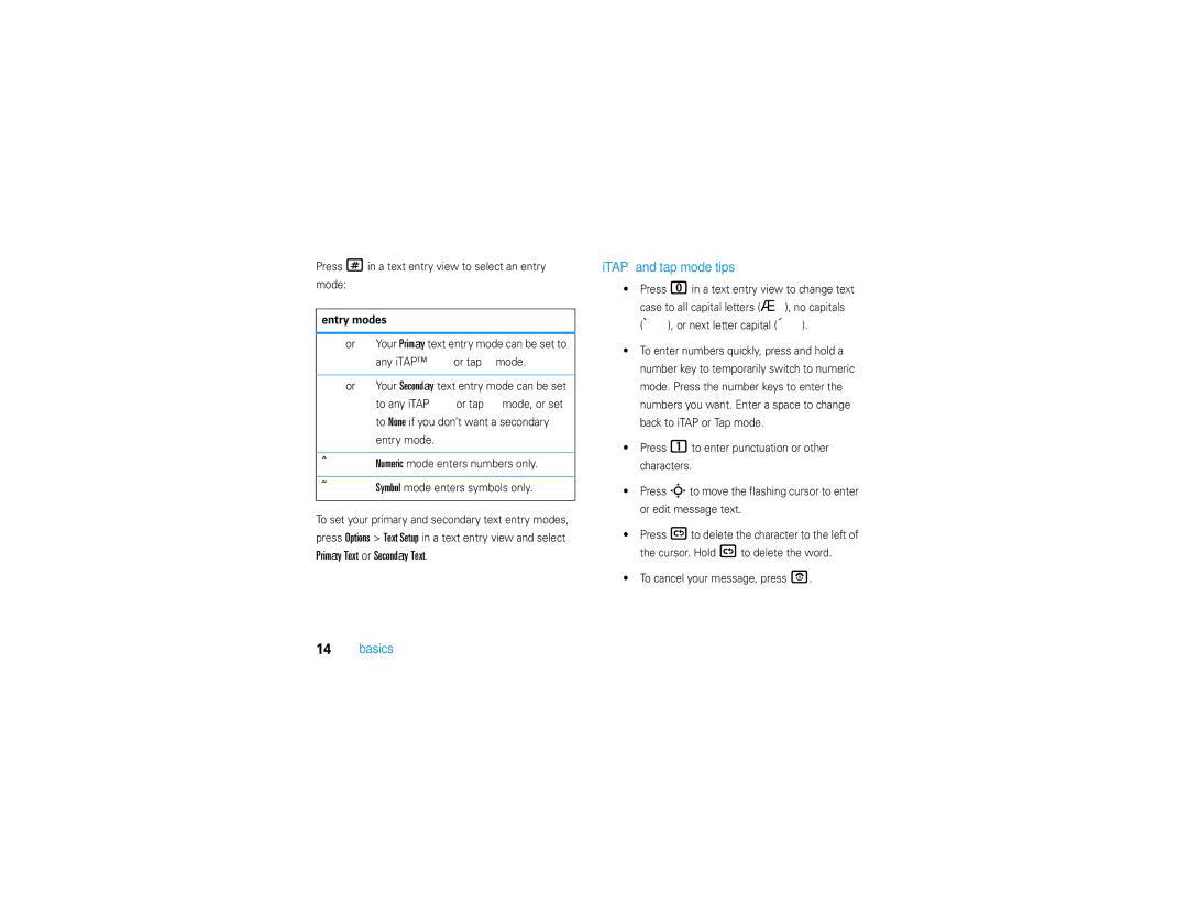 Motorola V9 manual ITAP and tap mode tips, Press #in a text entry view to select an entry Mode, Entry modes 