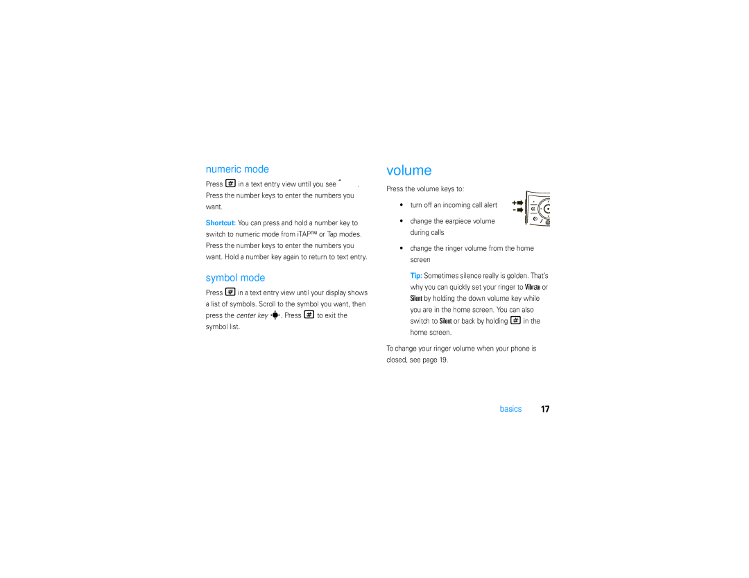 Motorola V9 manual Volume, Numeric mode, Symbol mode 