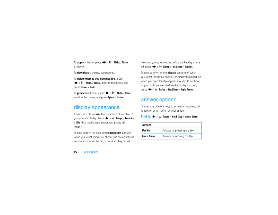 Motorola V9 manual Display appearance, Answer options, Find it s w Settings In-Call Setup Answer Options, Multi-Key 