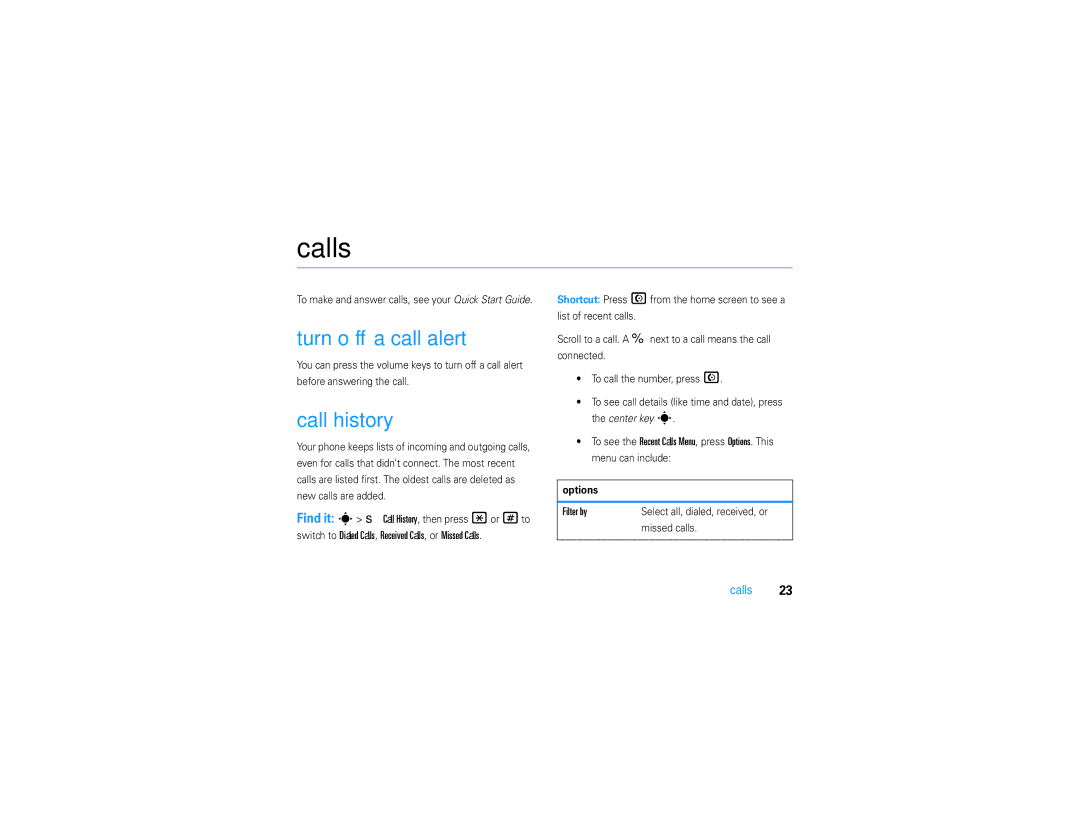 Motorola V9 manual Calls, Turn off a call alert, Call history, Filter by 