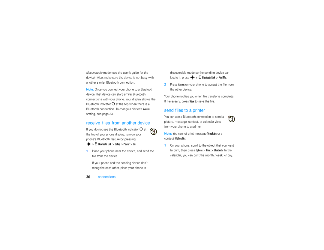 Motorola V9 manual Receive files from another device, Send files to a printer, EBluetooth Link Setup Power On 